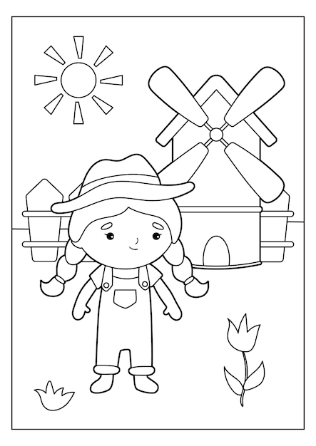 Coloring page of book with girl farmer and windmill