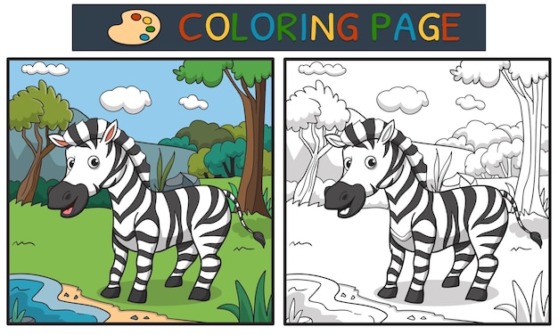 coloring page or book with zebra in the forest