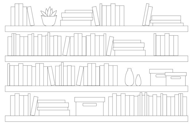 Coloring page of bookshelves with books, boxes and vases on white background