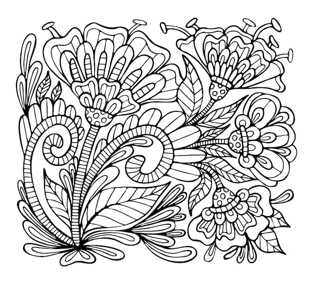 Coloring page bouquet flowers line art Floral pattern garden plants buds leaves Hand drawn doodle vector illustration Summer coloring book for children and adults