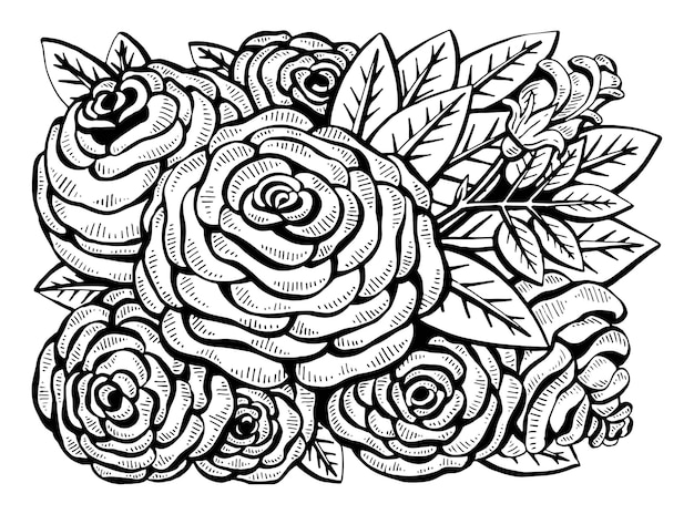 Coloring page bouquet flowers rose line art Floral pattern garden plants Hand drawn doodle