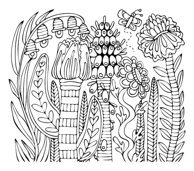 Coloring page bouquet flowers thin line art Floral pattern garden plants Hand drawn