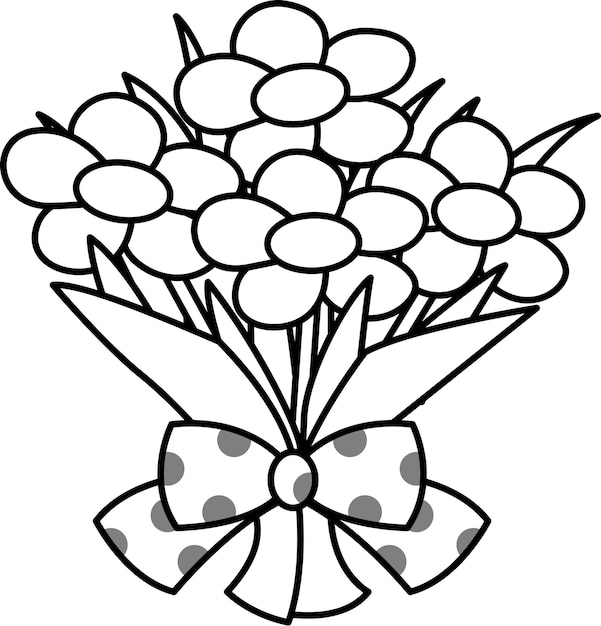 Coloring page of a bouquet of flowers with a bow