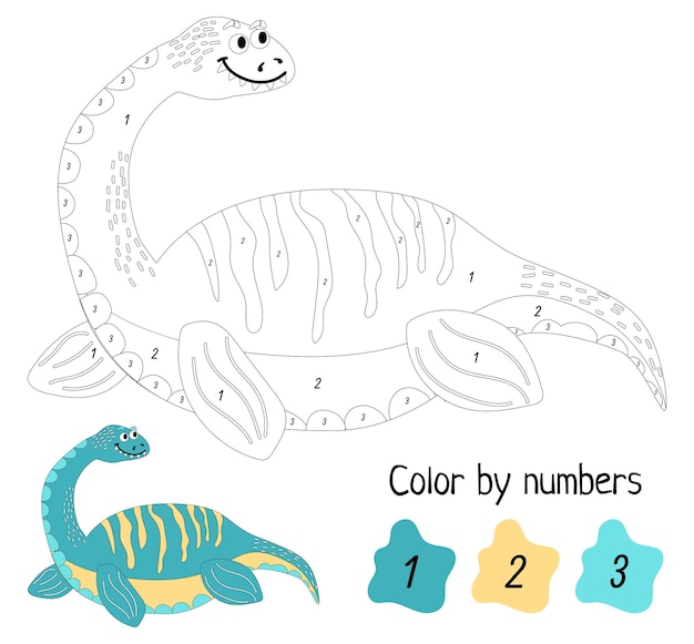 Coloring page by numbers Funny dinosaur Educational game for preschool kids learn numbers and colors