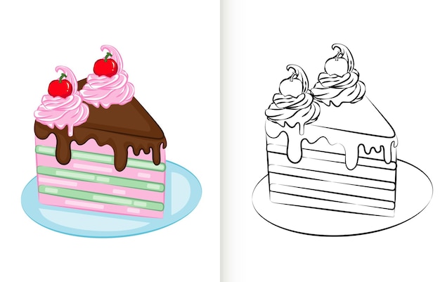 Coloring page of Cake.Kindergarten children Coloring pages activity worksheet with cute Cake cartoon