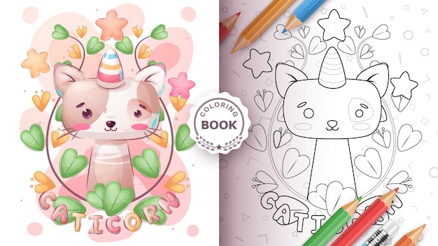 Coloring page cartoon character adorable caticorn