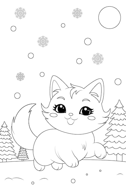 Coloring page a cat chasing snowflakes