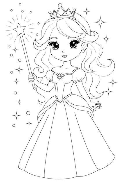 Coloring page chibi princess with a magical wand