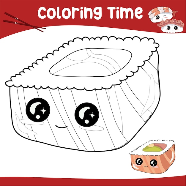 Coloring page for children. Educational printable coloring worksheet. Kawaii cute sushi. Vector File