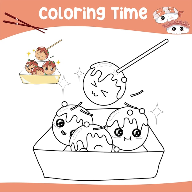 Coloring page for children. Educational printable coloring worksheet. Kawaii cute sushi. Vector File