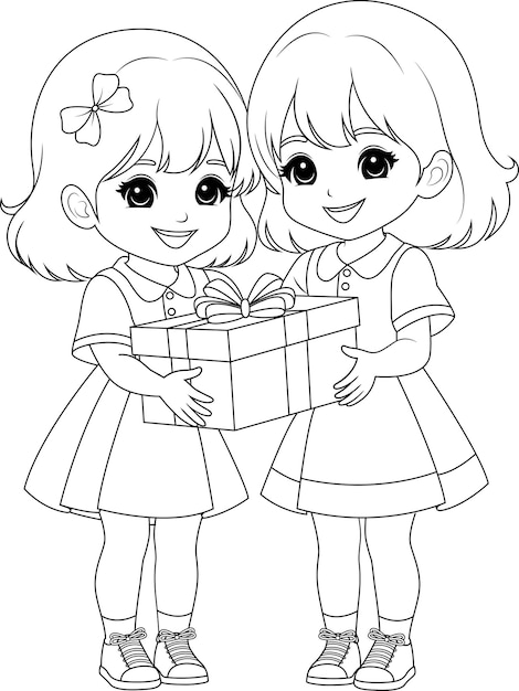 Coloring page children exchanging gifts with big smiles