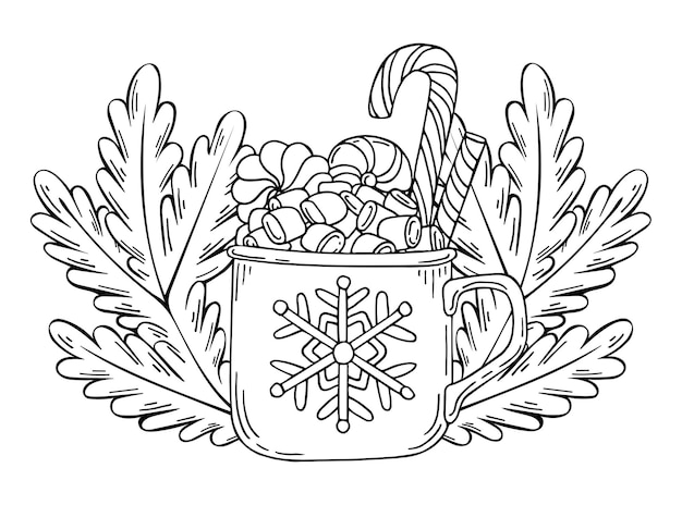 Coloring page Christmas cup of drink and sweets Fir branches Hot chocolate with marshmallows Hand drawn vector doodle illustration Coloring book for children and adults black white line art