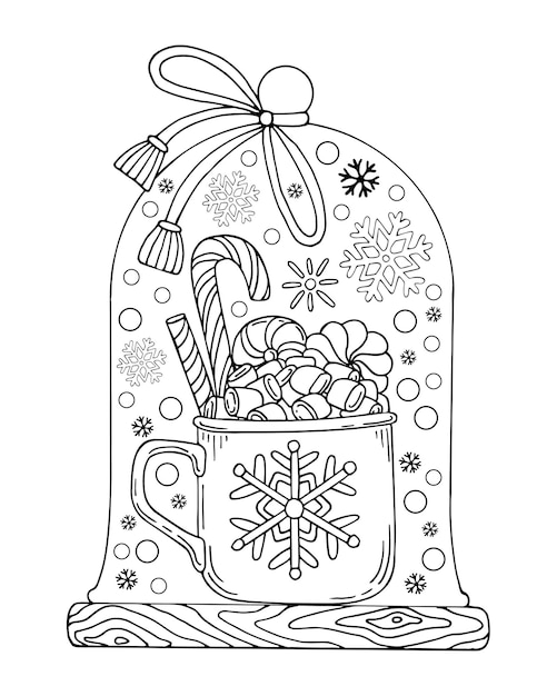 Coloring page Christmas cup of drink and sweets Merry holiday Hot chocolate with marshmallows Hand drawn vector doodle illustration Coloring book for children and adults Black white line art