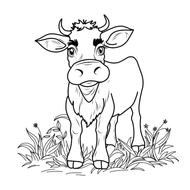 COLORING PAGE of a cow calf cute funny character linear illustration childrens for coloringCow farm