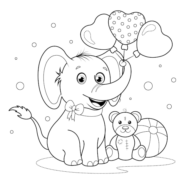 Coloring page Cute elephant with teddy bear ball and balloons