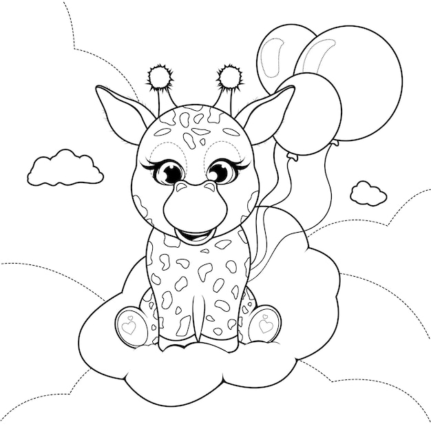 Coloring page Cute giraffe on a cloud with balloons