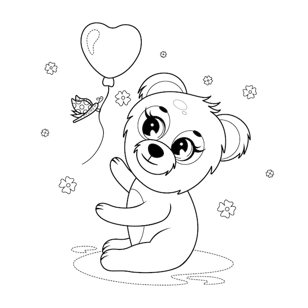 Coloring page Cute little bear with a butterfly and a balloon