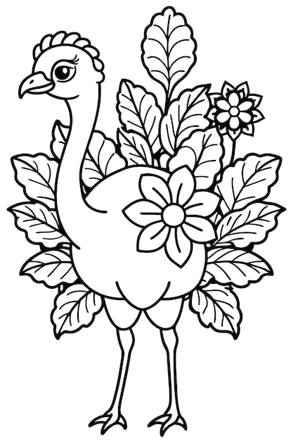 A Coloring Page of Cute Ostrich hidden in Flowers Coloring page of Ostrich