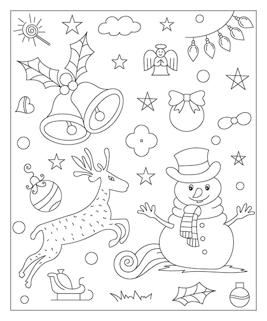 Coloring page of a decorated Christmas tree shanta claus ball bell snowman and gifts