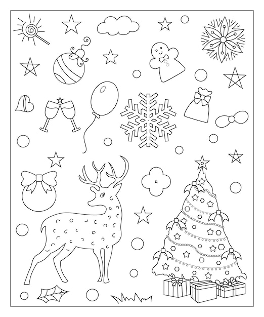 Coloring page of a decorated Christmas tree shanta claus ball bell snowman and gifts