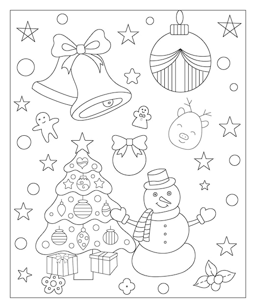 Coloring page of a decorated Christmas tree shanta claus ball bell snowman and gifts