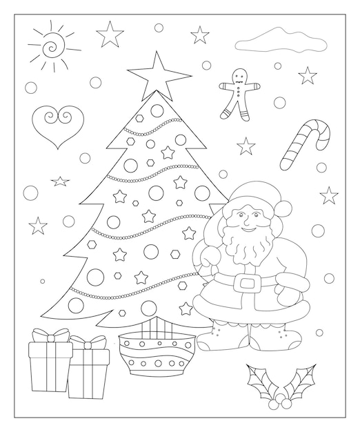 Coloring page of a decorated Christmas tree with gifts Vector black and white illustration on white