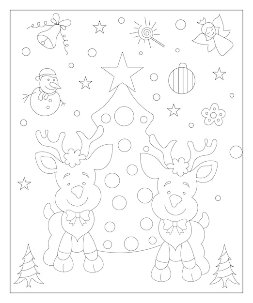 Coloring page of a decorated Christmas tree with gifts Vector black and white illustration on white