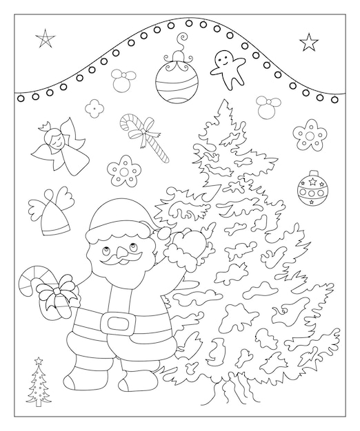 Coloring page of a decorated Christmas tree with gifts Vector black and white illustration on white