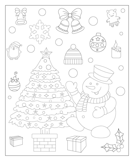 Coloring page of a decorated Christmas tree with gifts Vector black and white illustration on white