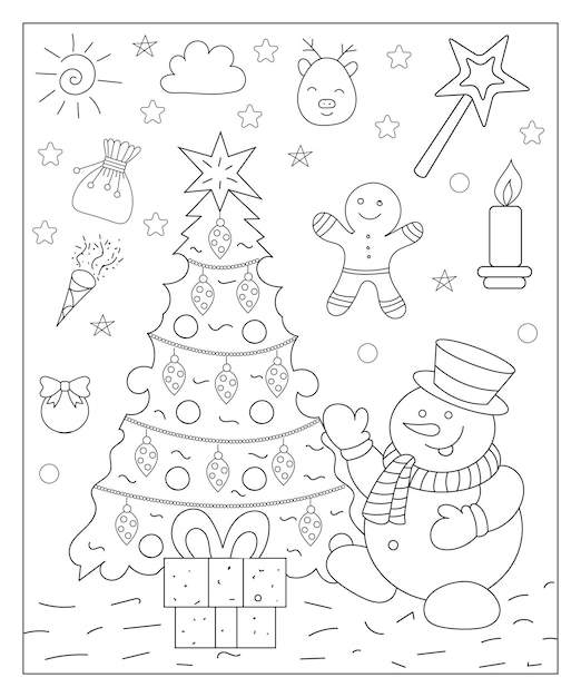 Coloring page of a decorated Christmas tree with gifts Vector black and white illustration on white