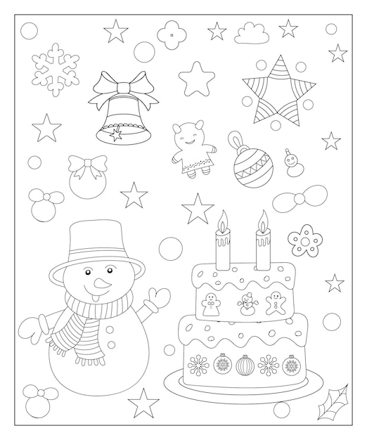 Coloring page of a decorated Christmas tree with gifts Vector black and white illustration