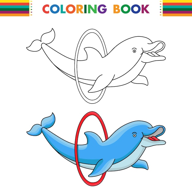 Coloring page dolphin. Oceanic animal with hoop.