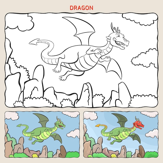 Coloring Page of Dragon with Two Samples Coloring