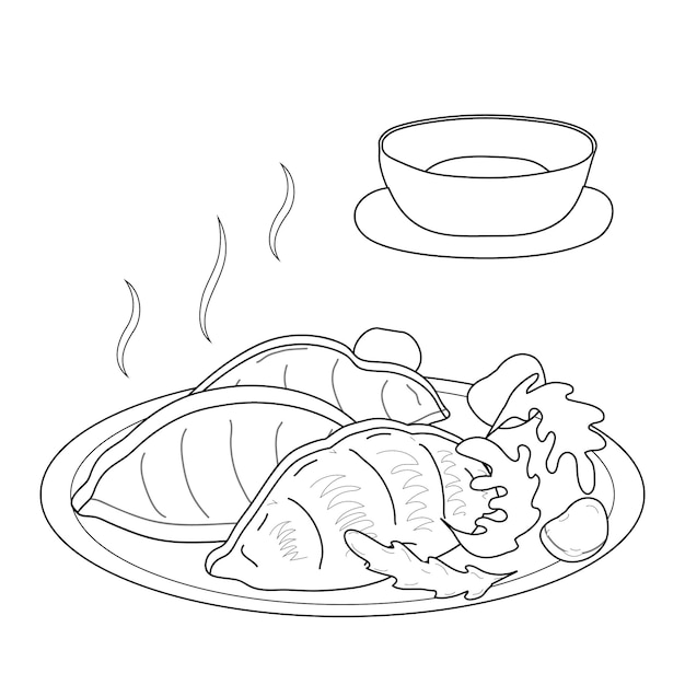 Coloring page Dumplings Gyoza on plate Delicious Asian food Traditional Vector illustration