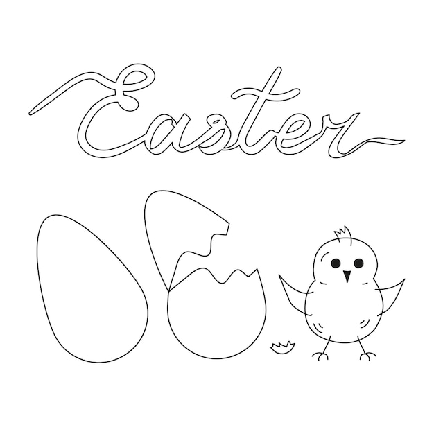 Coloring page Easter eggs egg shell and chiks character Doodle Vector illustration