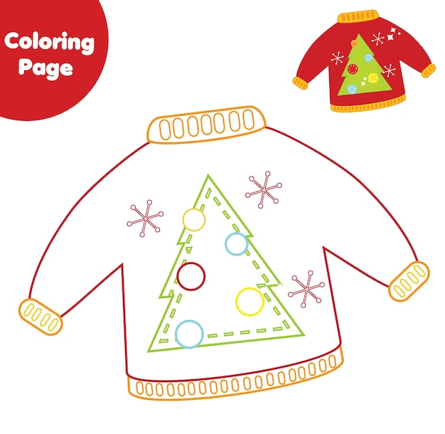 Coloring page. Educational children game. Color christmas sweater/ Drawing printable activity for kids, toddlers. New Year holidays theme activity