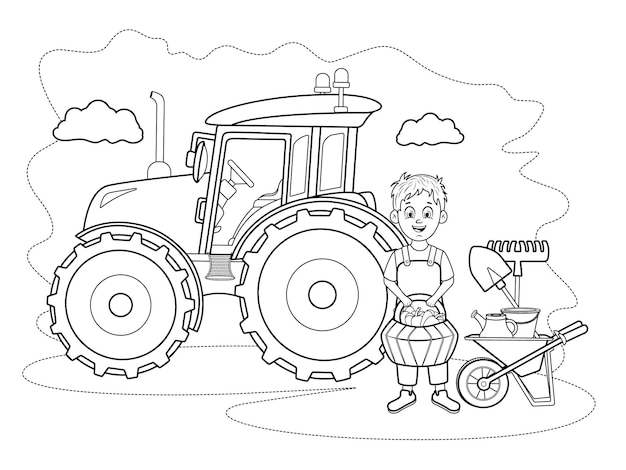 Coloring page Farmer with vegetable basket tractor wheelbarrow and farm tools