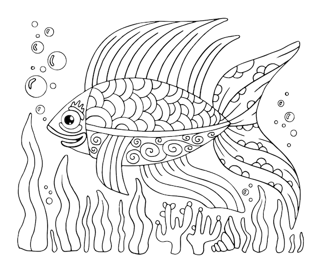 Coloring page fish Sea animal Doodle Coral reef hand drawn Underwater ocean dweller Coloring book