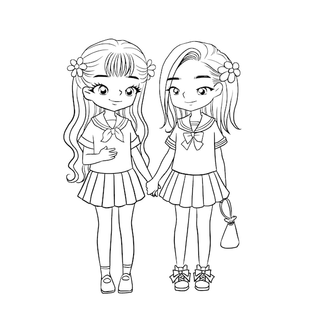 coloring page girl anime cute character cartoon illustration clipart drawing manga design