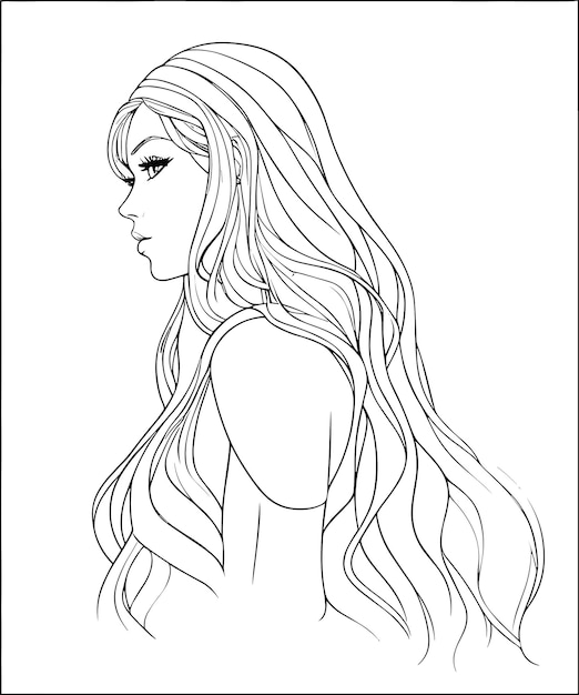 A coloring page of a girl with long hair