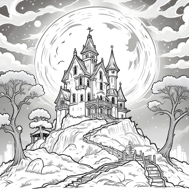 a coloring page of a halloween haunted castle on a hill with a moon in the background