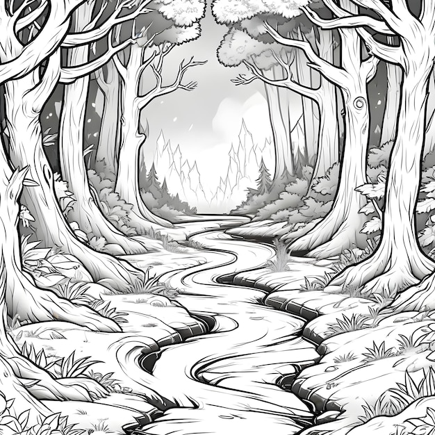 coloring page of a halloween spooky forest with a stream running through it