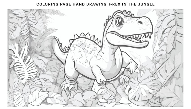 coloring page hand drawing dinosaur trex in the jungle