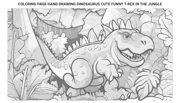 coloring page hand drawing DINOSAURUS cute funny trex in the jungle 1