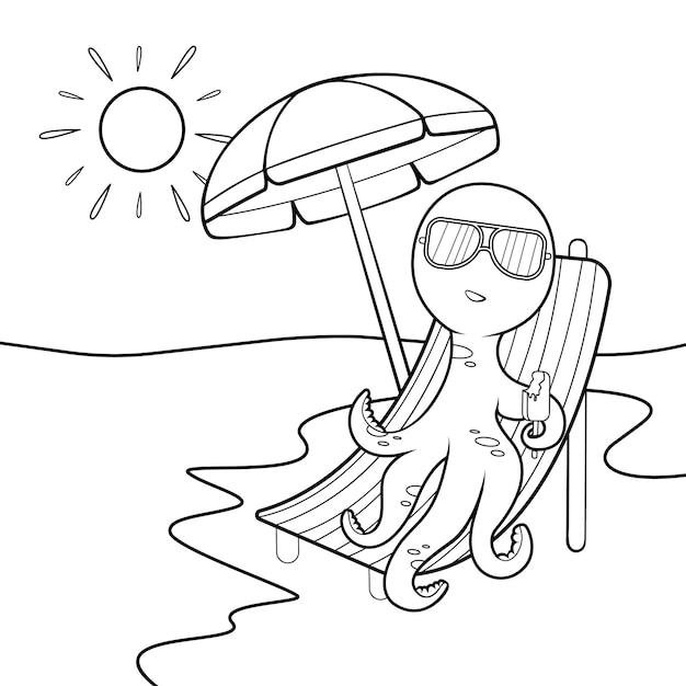 Coloring page Happy octopus with glasses under an umbrella on the beach