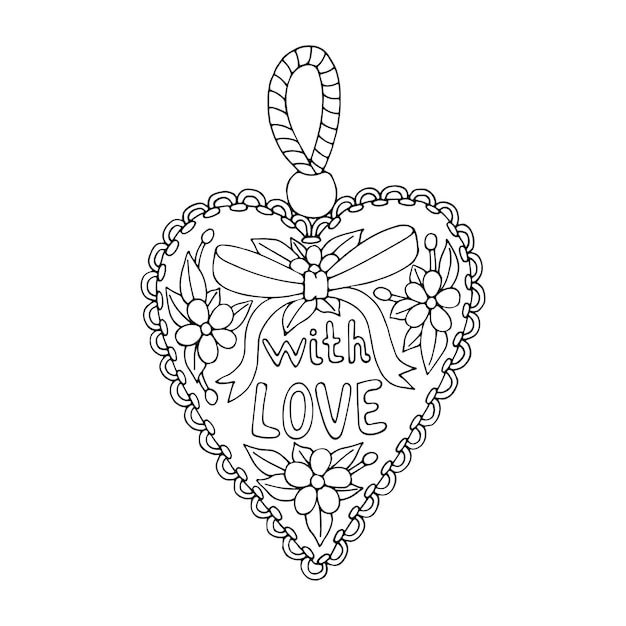 Coloring page heart With love Textile pillow for needles with embroidered flowers Valentine design Hand drawn vector line art Coloring book for children and adults Romantic sketch