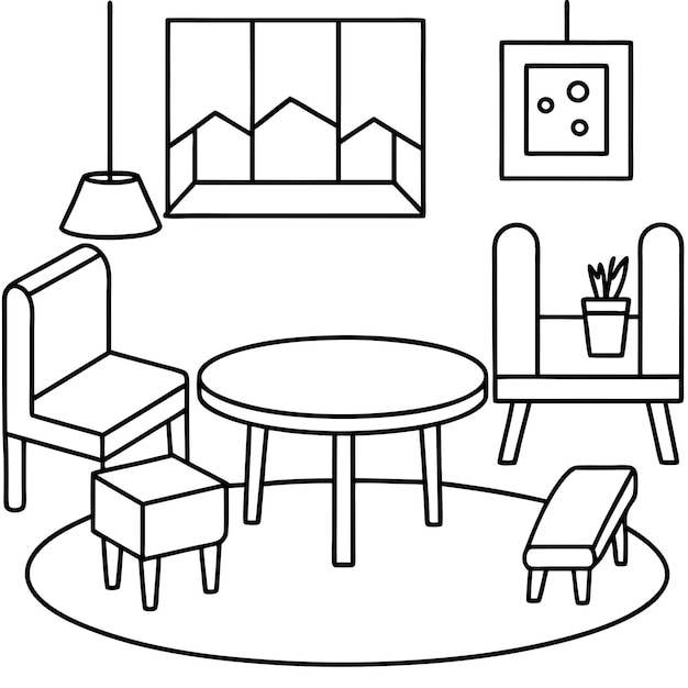 coloring page It forms a living room with a table chairs seating and a quiet refuge