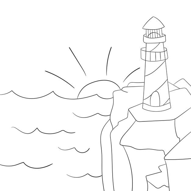 Coloring page for kids. Cartoon lighthouse. Vector illustration