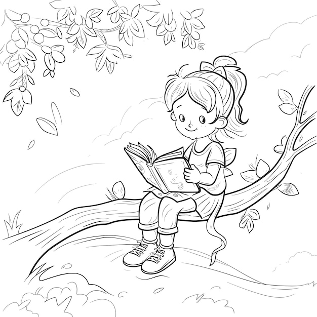 Coloring Page For Kids Happy Girl Sitting on tree Coloring Pages Vector