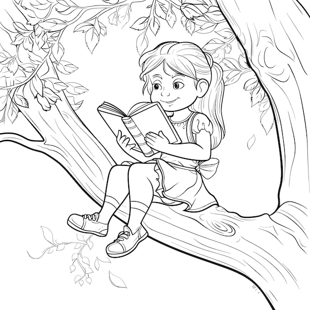 Coloring Page For Kids Happy Girl Sitting on tree Coloring Pages Vector